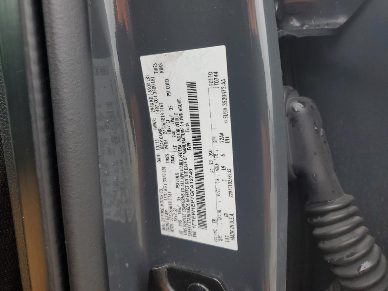 2016 Ford F150 Supercrew VIN: 1FTEW1EP7GFA12749 Lot: 57659355