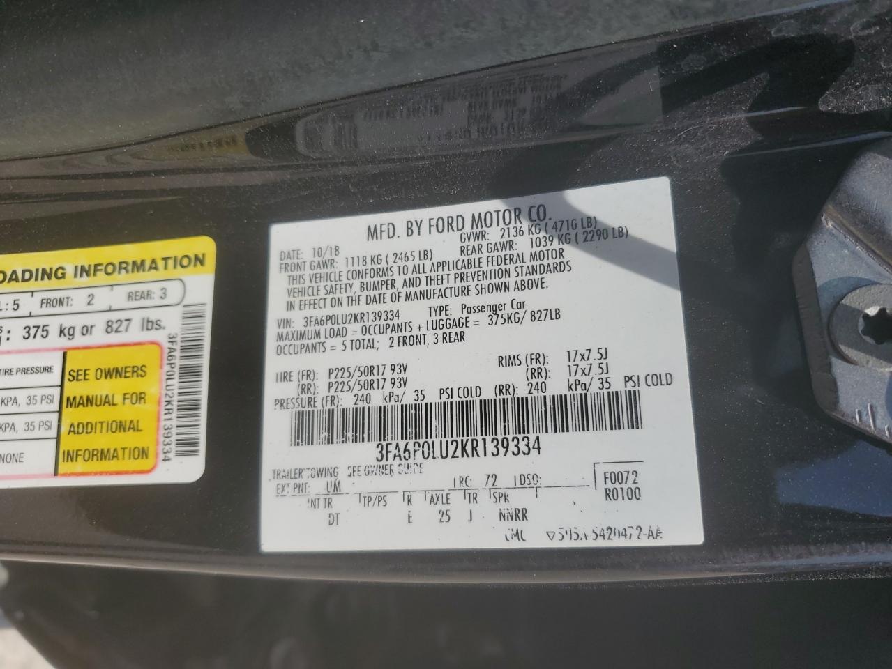 3FA6P0LU2KR139334 FORD FUSION 2019