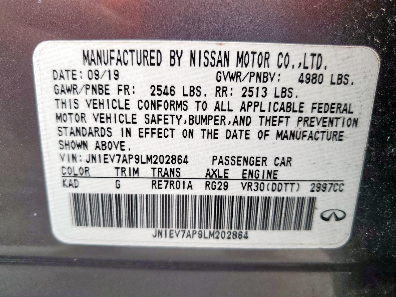 2020 Infiniti Q50 Pure VIN: JN1EV7AP9LM202864 Lot: 57360645