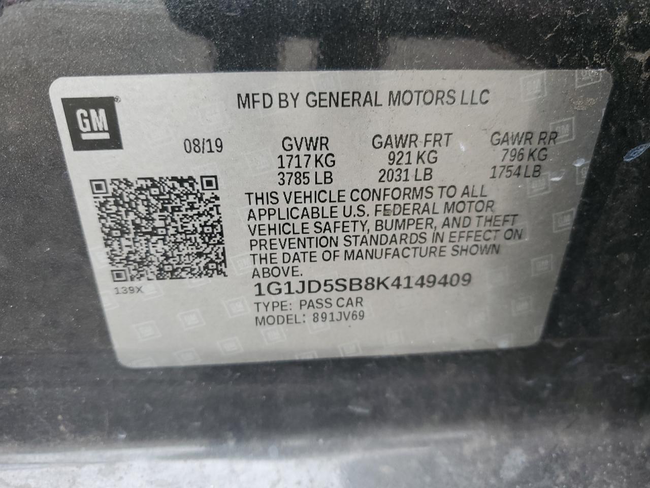 2019 Chevrolet Sonic Lt VIN: 1G1JD5SB8K4149409 Lot: 56361605