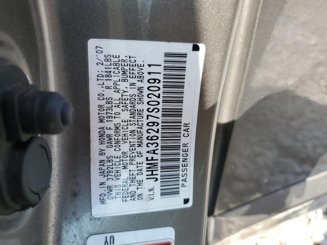 2007 Honda Civic Hybrid VIN: JHMFA36297S020911 Lot: 55145695
