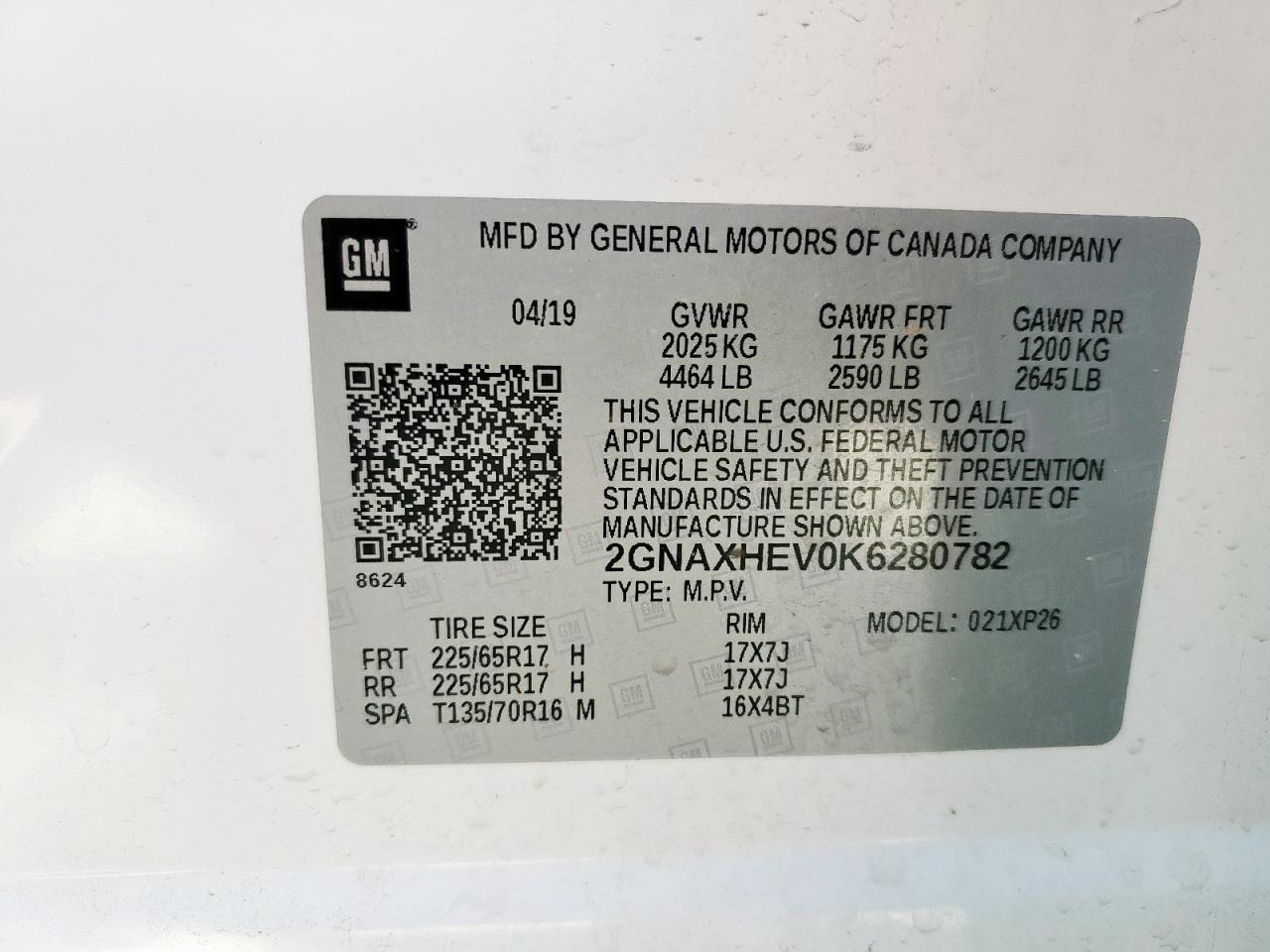 2GNAXHEV0K6280782 CHEVROLET EQUINOX 2019