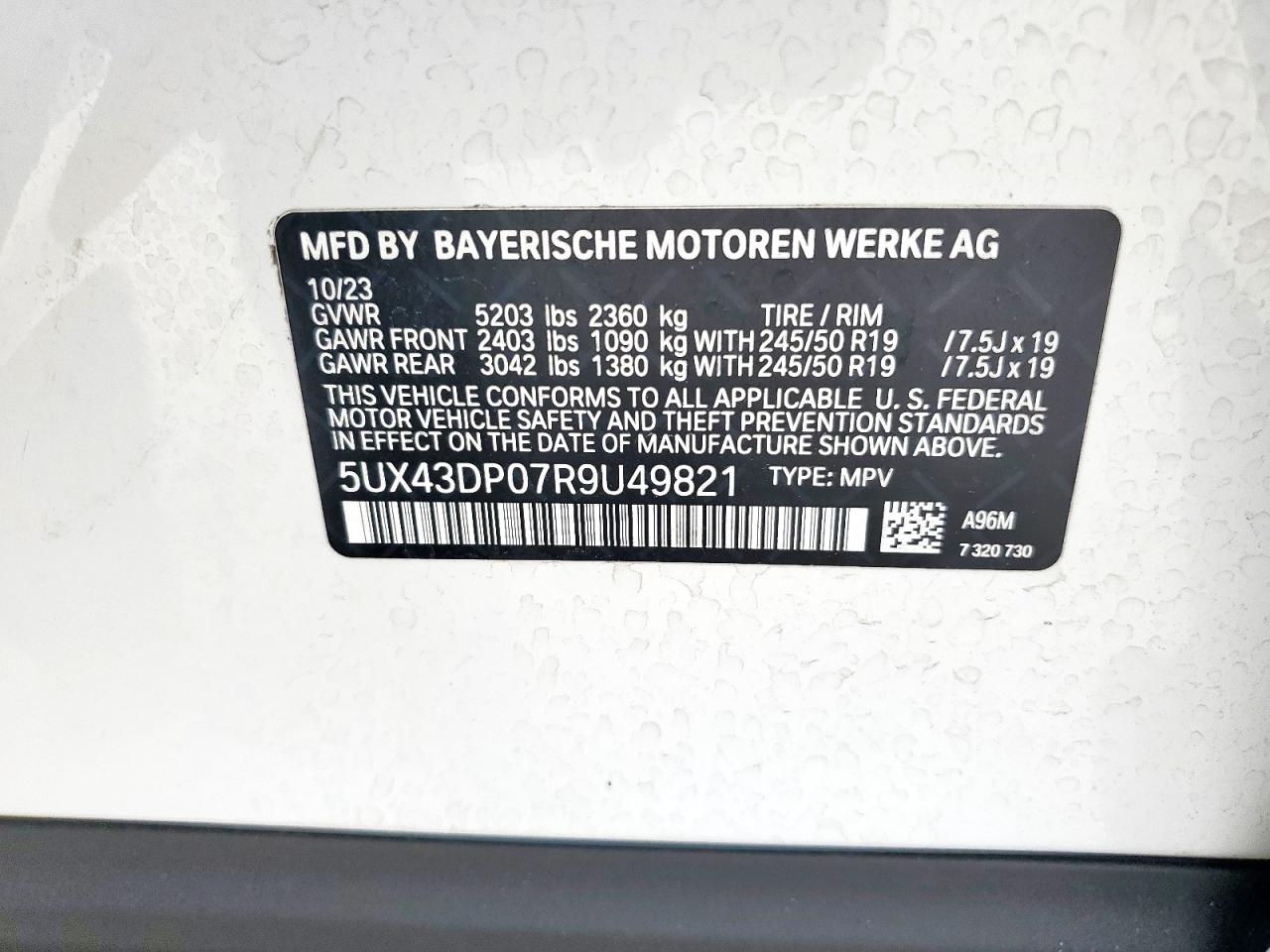 2024 BMW X3 Sdrive30I VIN: 5UX43DP07R9U49821 Lot: 57210325