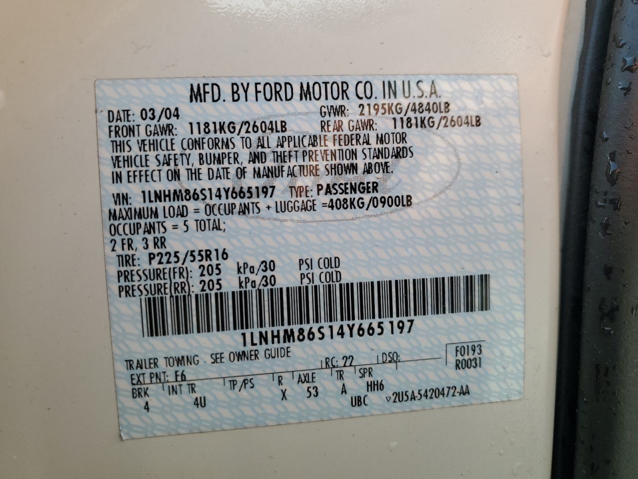 2004 Lincoln Ls VIN: 1LNHM86S14Y665197 Lot: 57824965