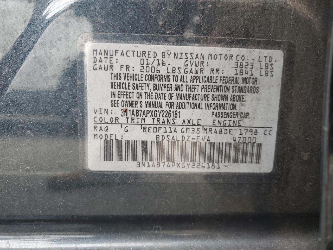 3N1AB7APXGY226181 NISSAN SENTRA 2016