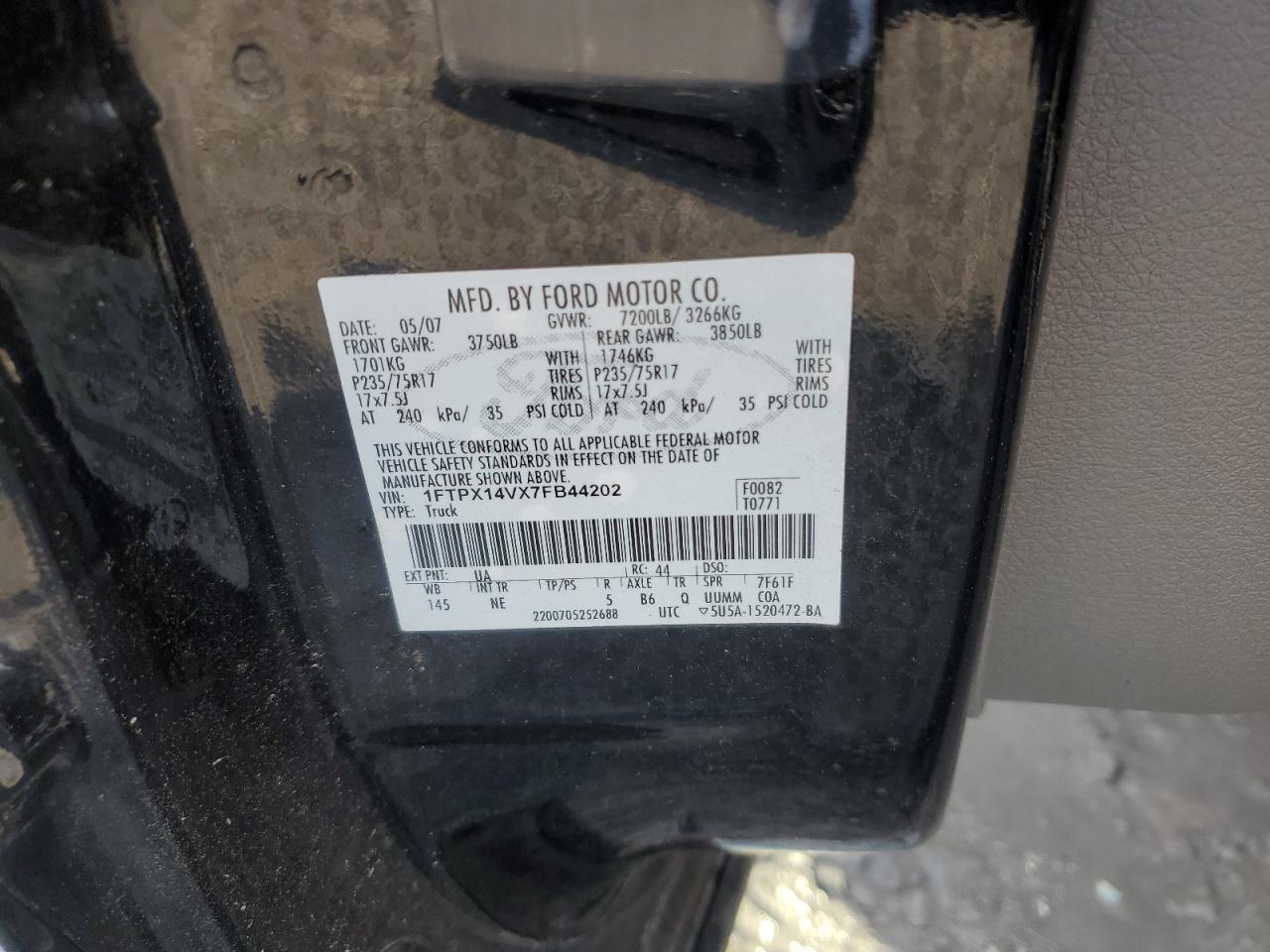 2007 Ford F150 VIN: 1FTPX14VX7FB44202 Lot: 56584545