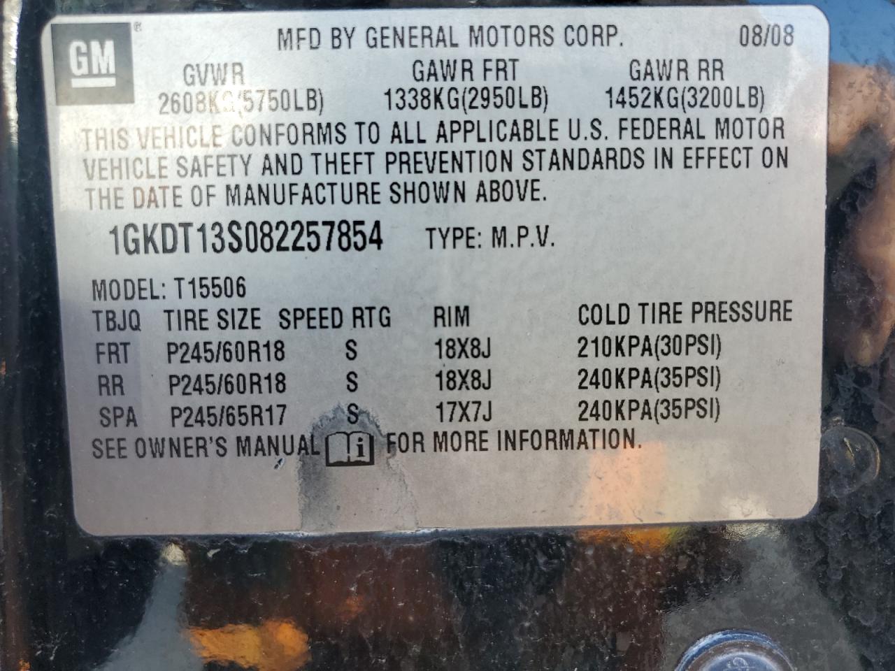 2008 GMC Envoy VIN: 1GKDT13S082257854 Lot: 56173045