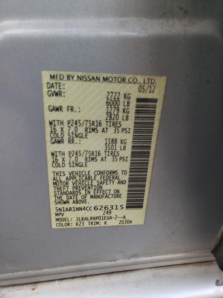2012 Nissan Pathfinder S VIN: 5N1AR1NN4CC626315 Lot: 57136535