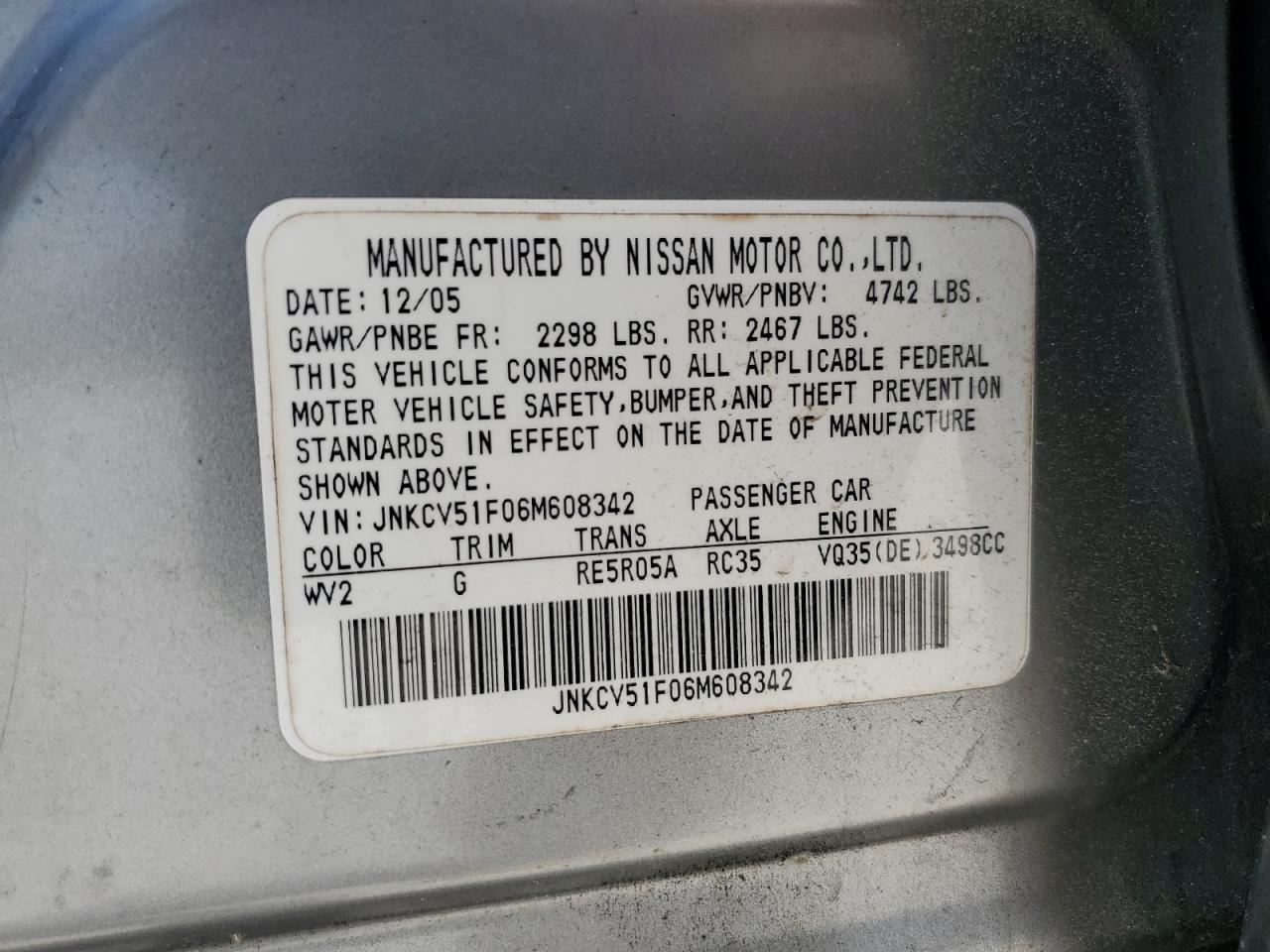 2006 Infiniti G35 VIN: JNKCV51F06M608342 Lot: 57423235