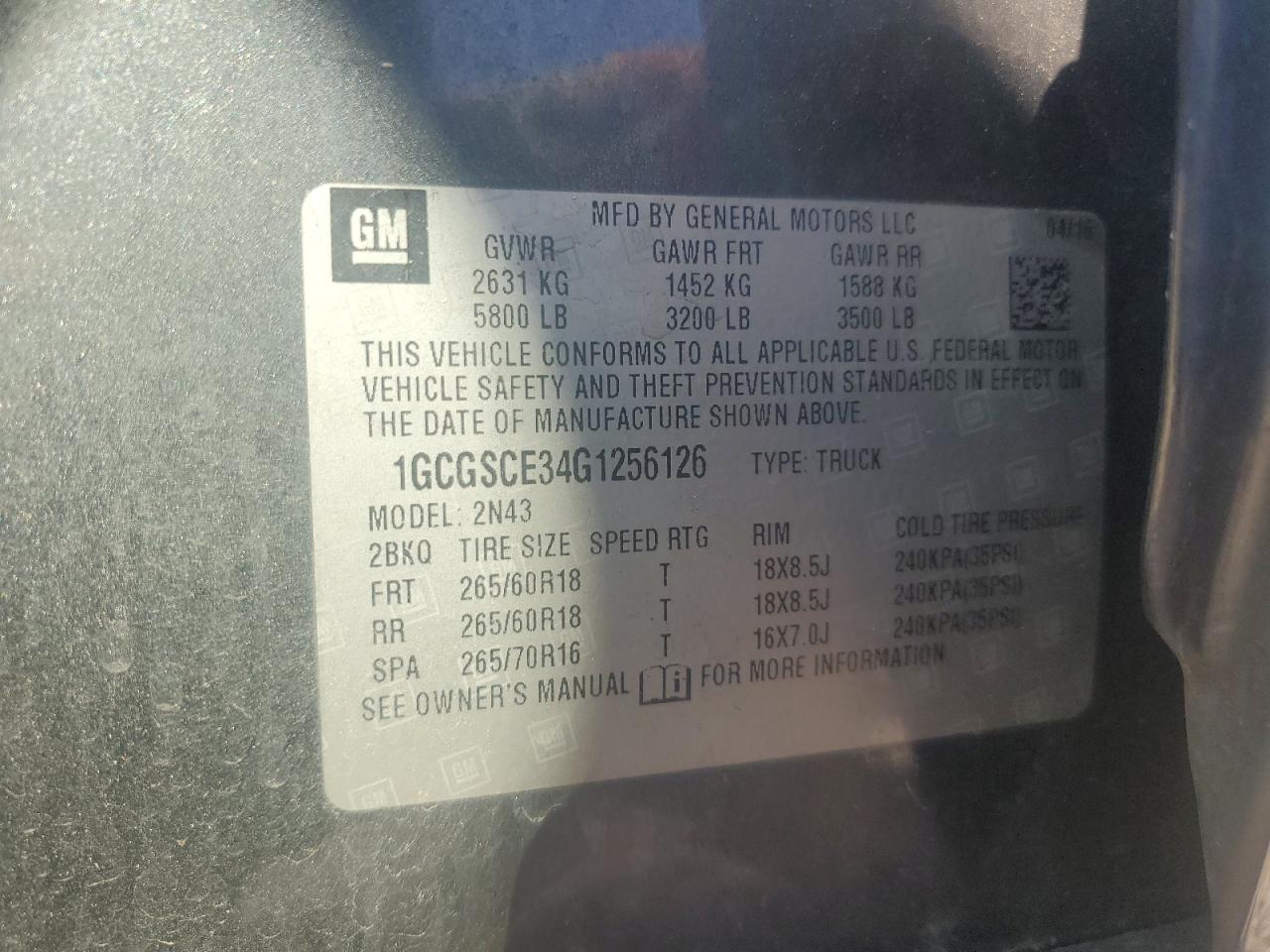 1GCGSCE34G1256126 CHEVROLET COLORADO 2016