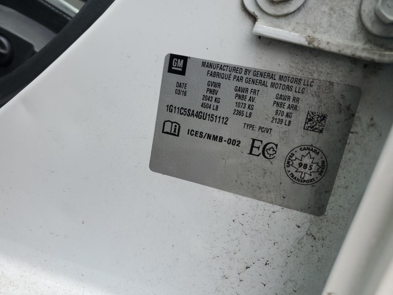 1G11C5SA4GU151112 CHEVROLET MALIBU 2016