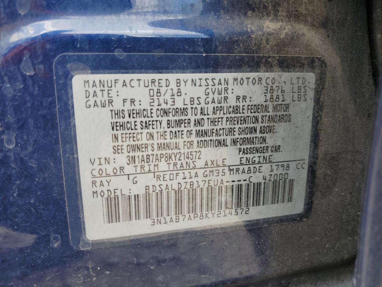 3N1AB7AP8KY214572 NISSAN SENTRA 2019