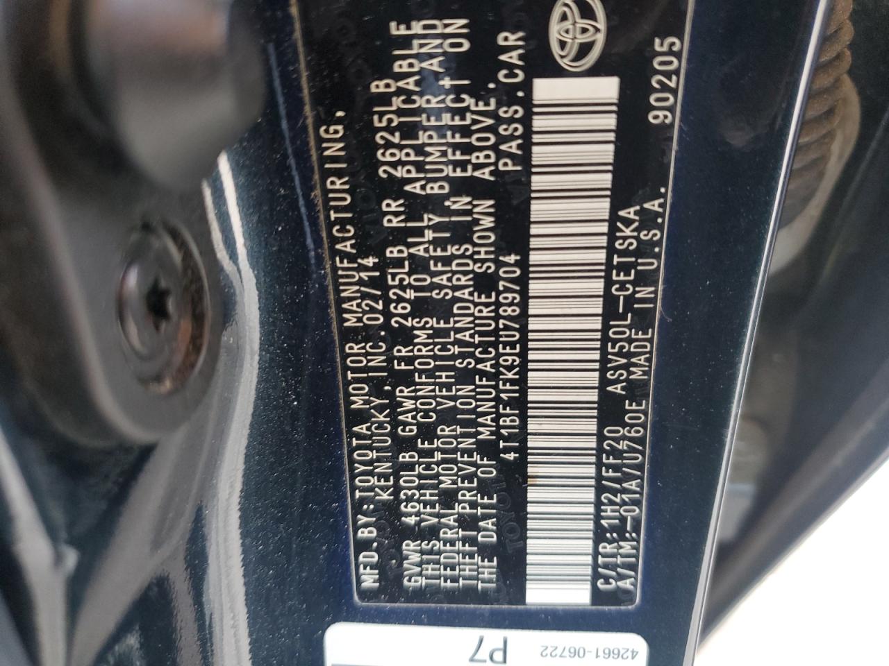 2014 Toyota Camry L VIN: 4T1BF1FK9EU789704 Lot: 57046365
