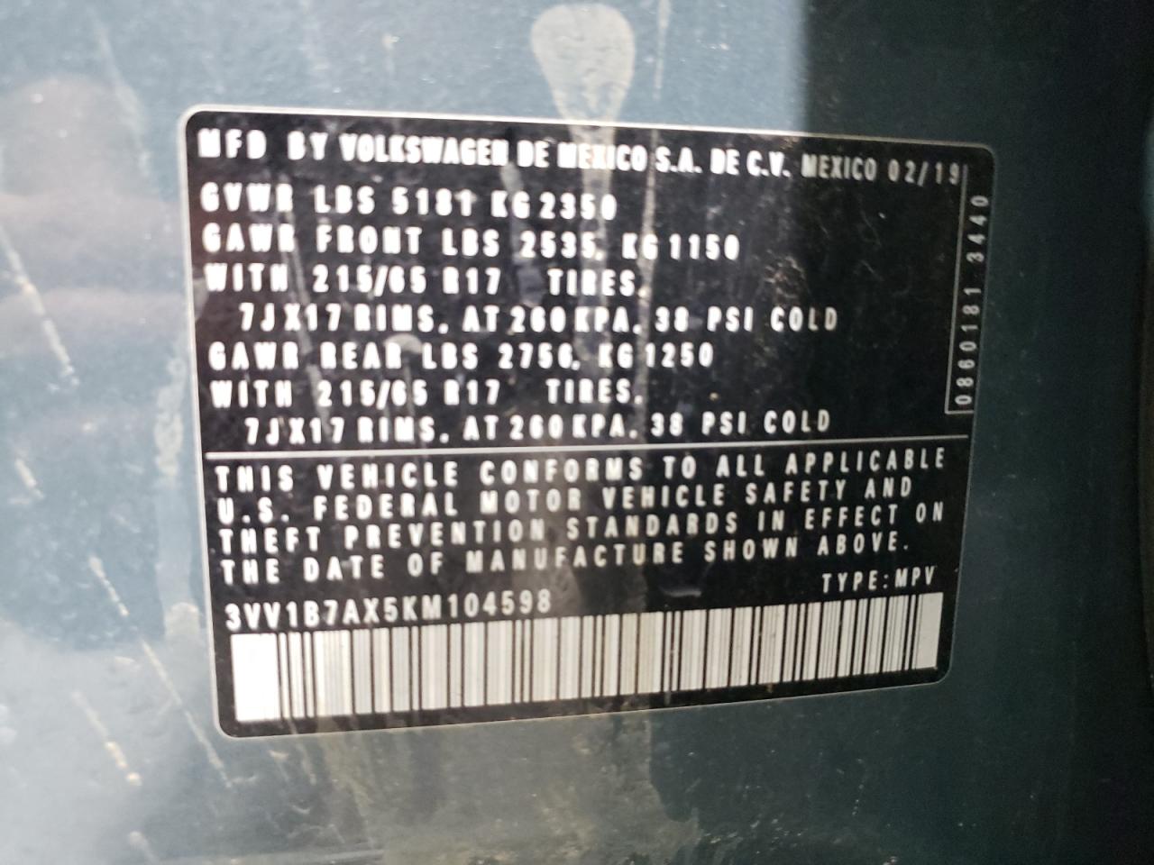 2019 Volkswagen Tiguan S VIN: 3VV1B7AX5KM104598 Lot: 56535695