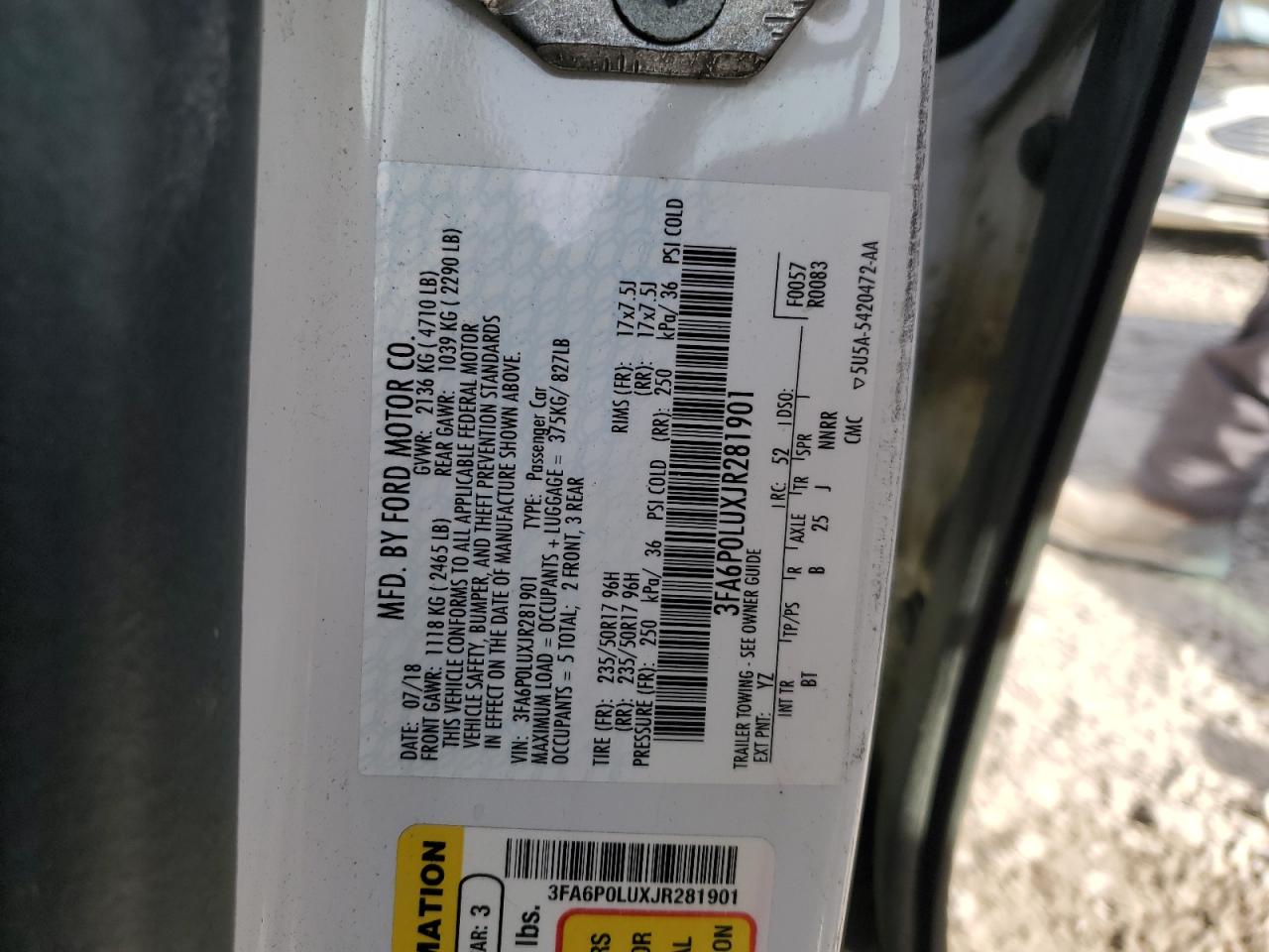 2018 Ford Fusion Se Hybrid VIN: 3FA6P0LUXJR281901 Lot: 54042855