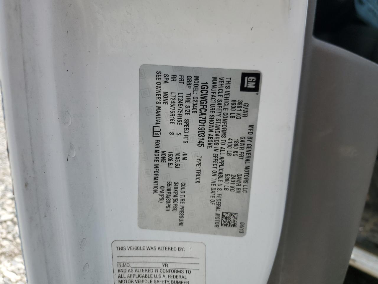 2013 Chevrolet Express G2500 VIN: 1GCWGFCA7D1903145 Lot: 56354605