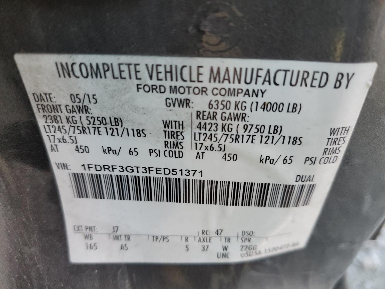 2015 Ford F350 Super Duty VIN: 1FDRF3GT3FED51371 Lot: 56567735