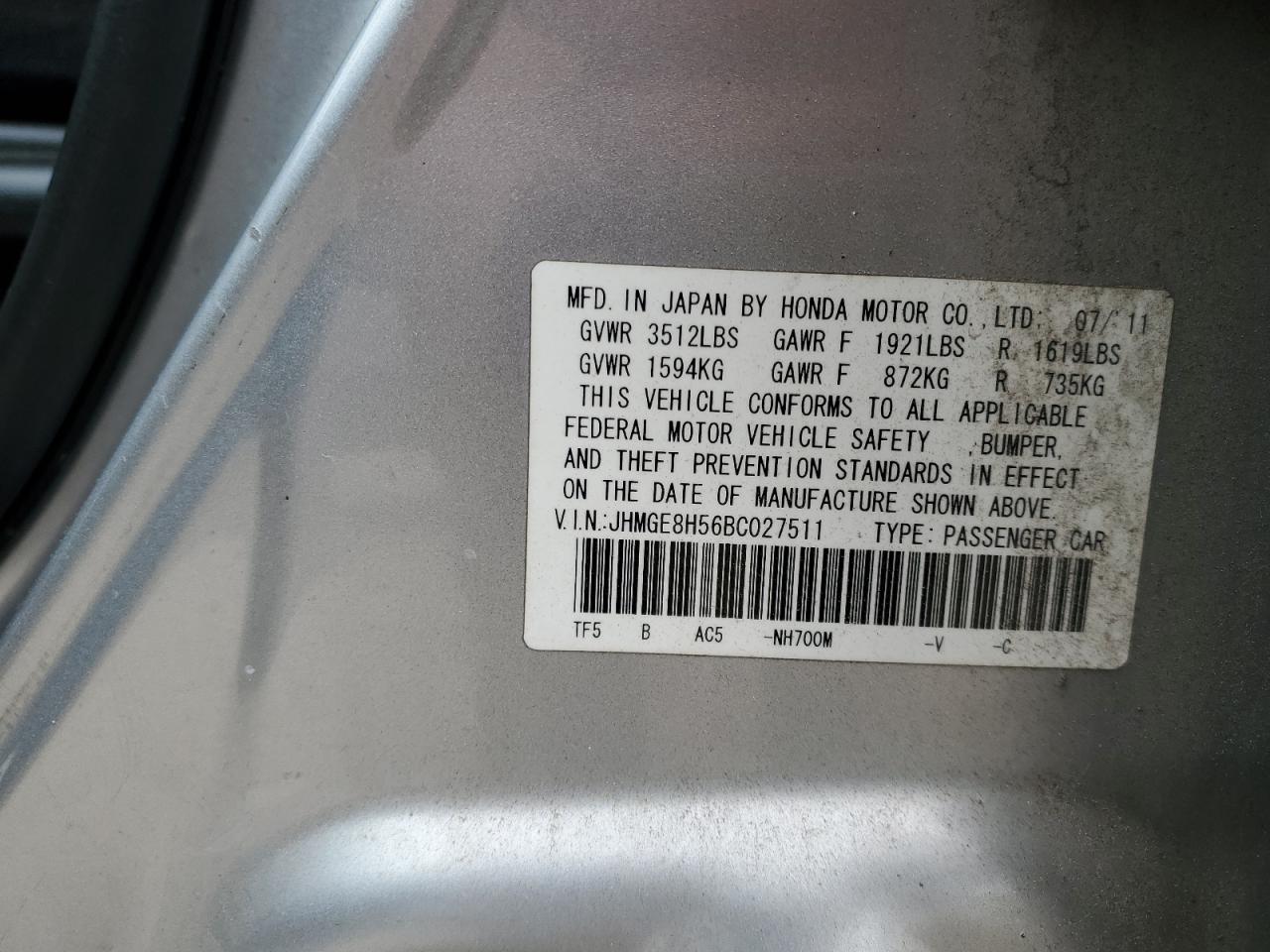 2011 Honda Fit Sport VIN: JHMGE8H56BC027511 Lot: 57433395
