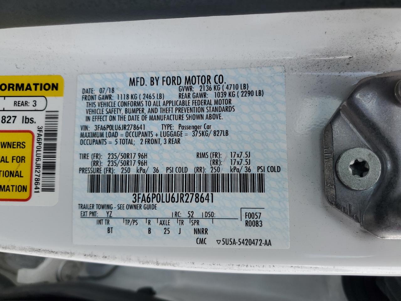 2018 Ford Fusion Se Hybrid VIN: 3FA6P0LU6JR278641 Lot: 54035545