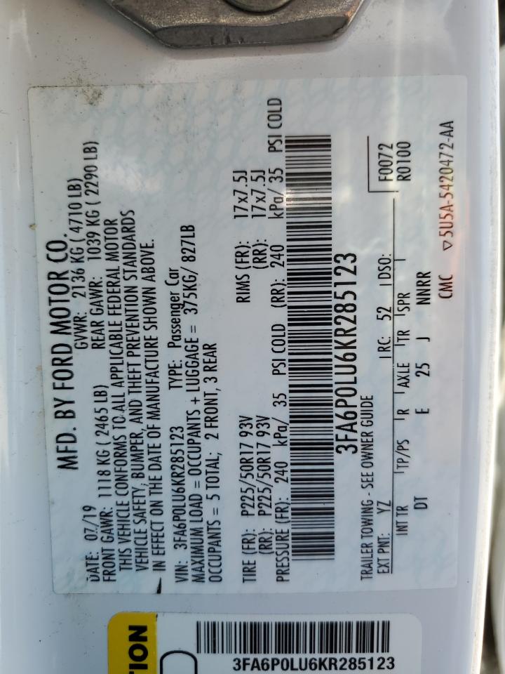 2019 Ford Fusion Se VIN: 3FA6P0LU6KR285123 Lot: 54023625