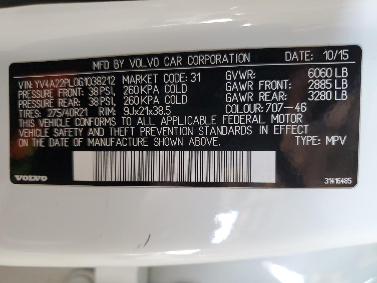2016 Volvo Xc90 T6 VIN: YV4A22PL0G1038212 Lot: 56499465