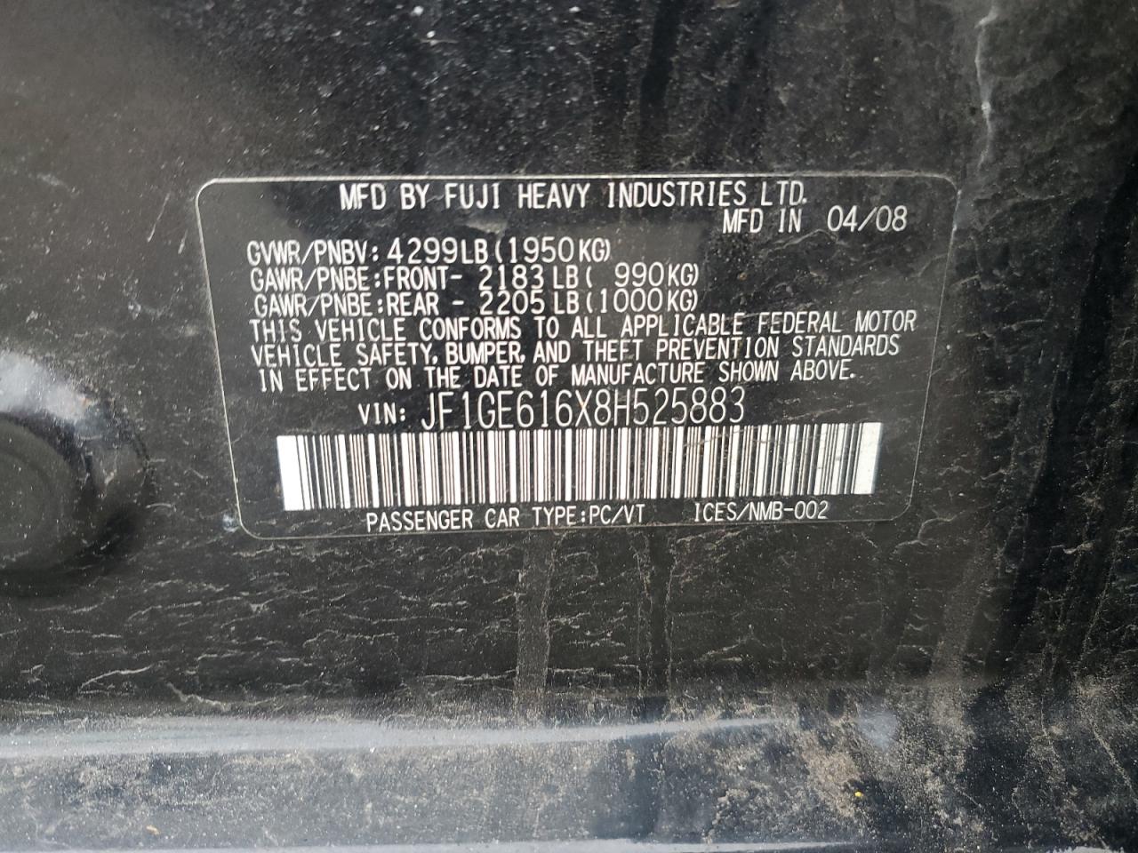 2008 Subaru Impreza 2.5I VIN: JF1GE616X8H525883 Lot: 55855165