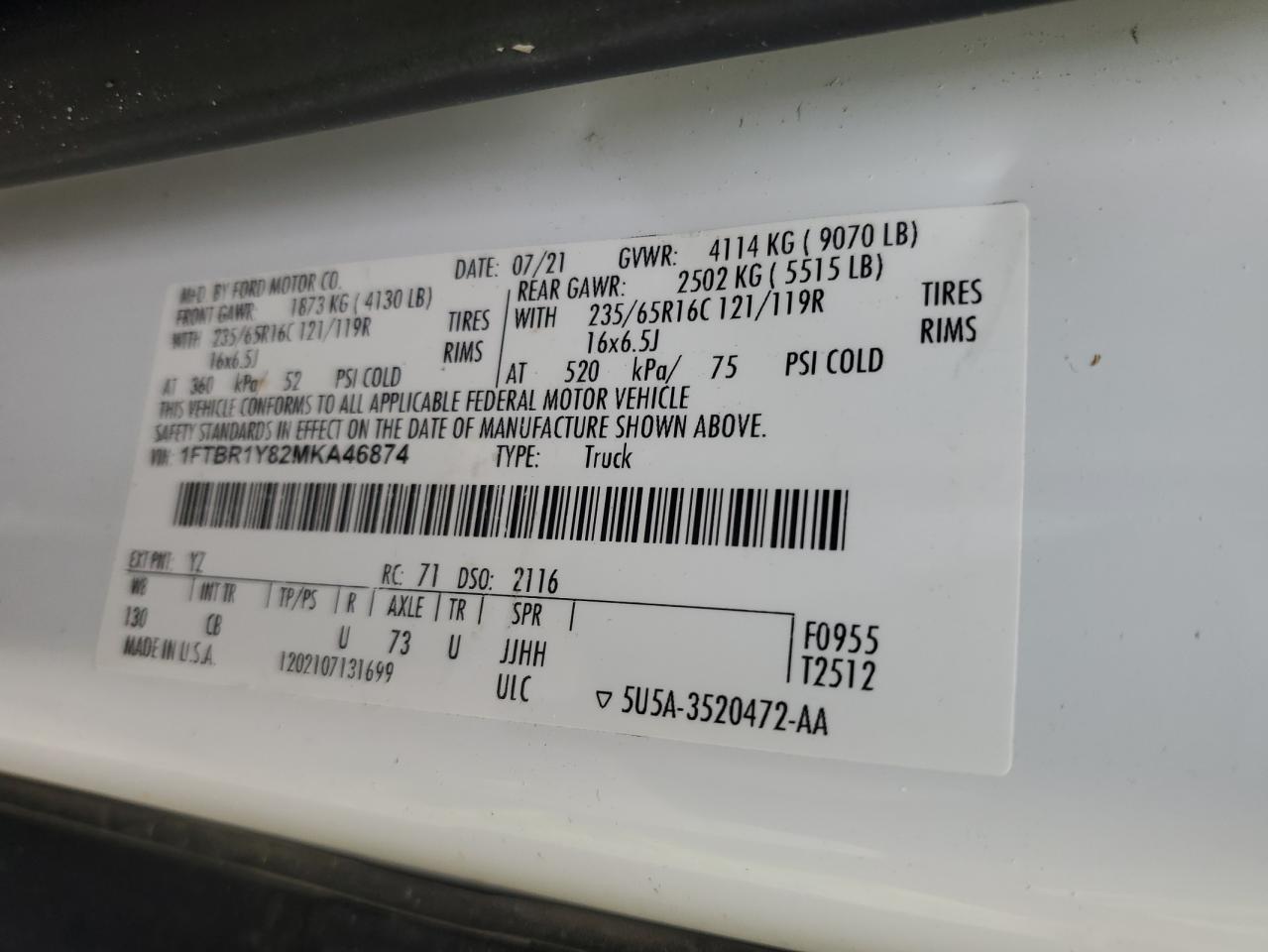 1FTBR1Y82MKA46874 FORD TRANSIT 2021