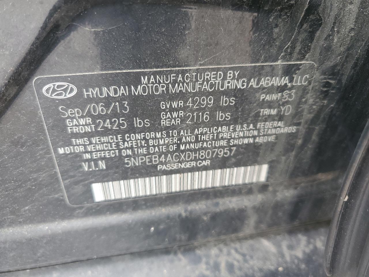 2013 Hyundai Sonata Gls VIN: 5NPEB4ACXDH807957 Lot: 55926775