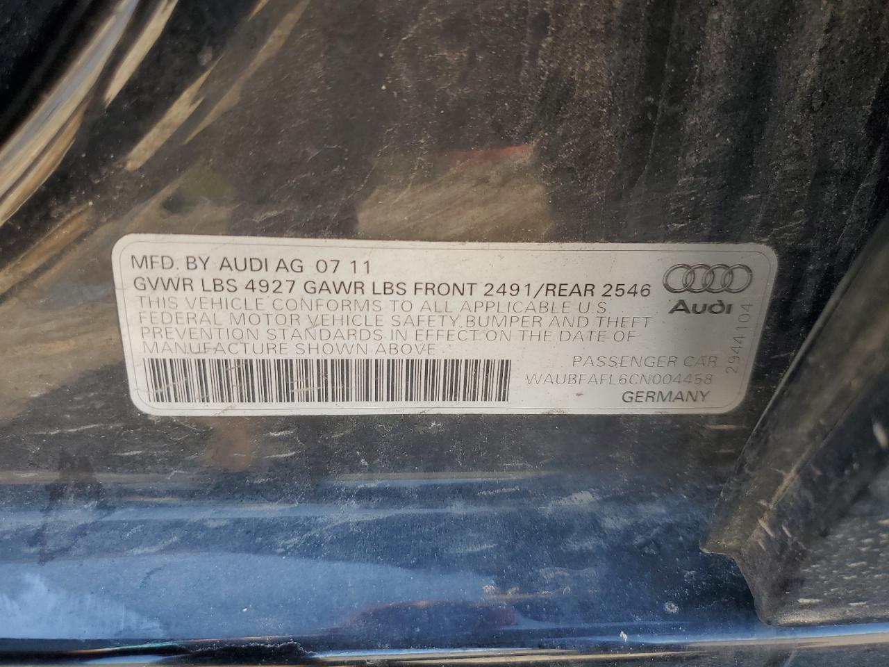 2012 Audi A4 Premium VIN: WAUBFAFL6CN004458 Lot: 57067705