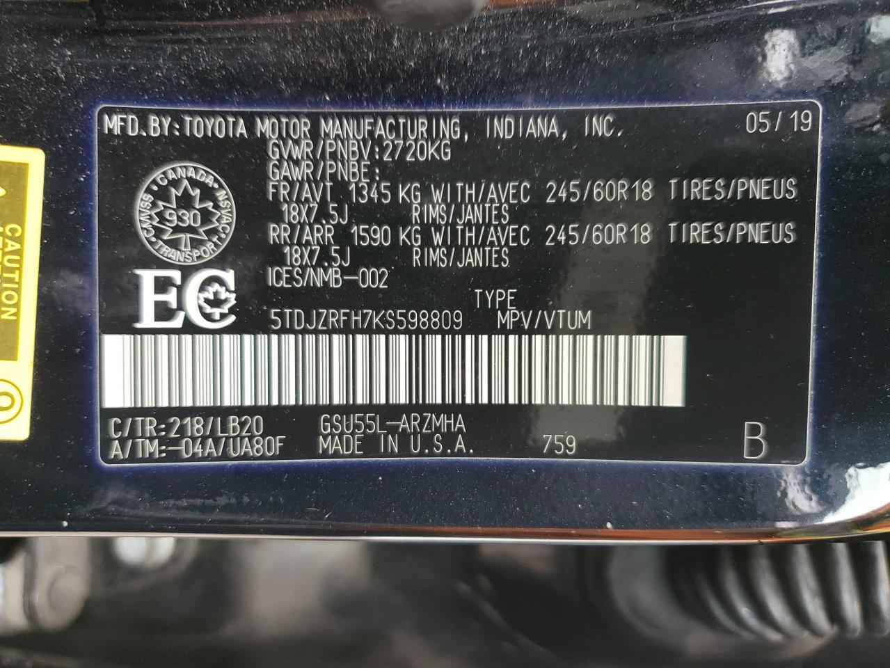 2019 Toyota Highlander Se VIN: 5TDJZRFH7KS598809 Lot: 56323355