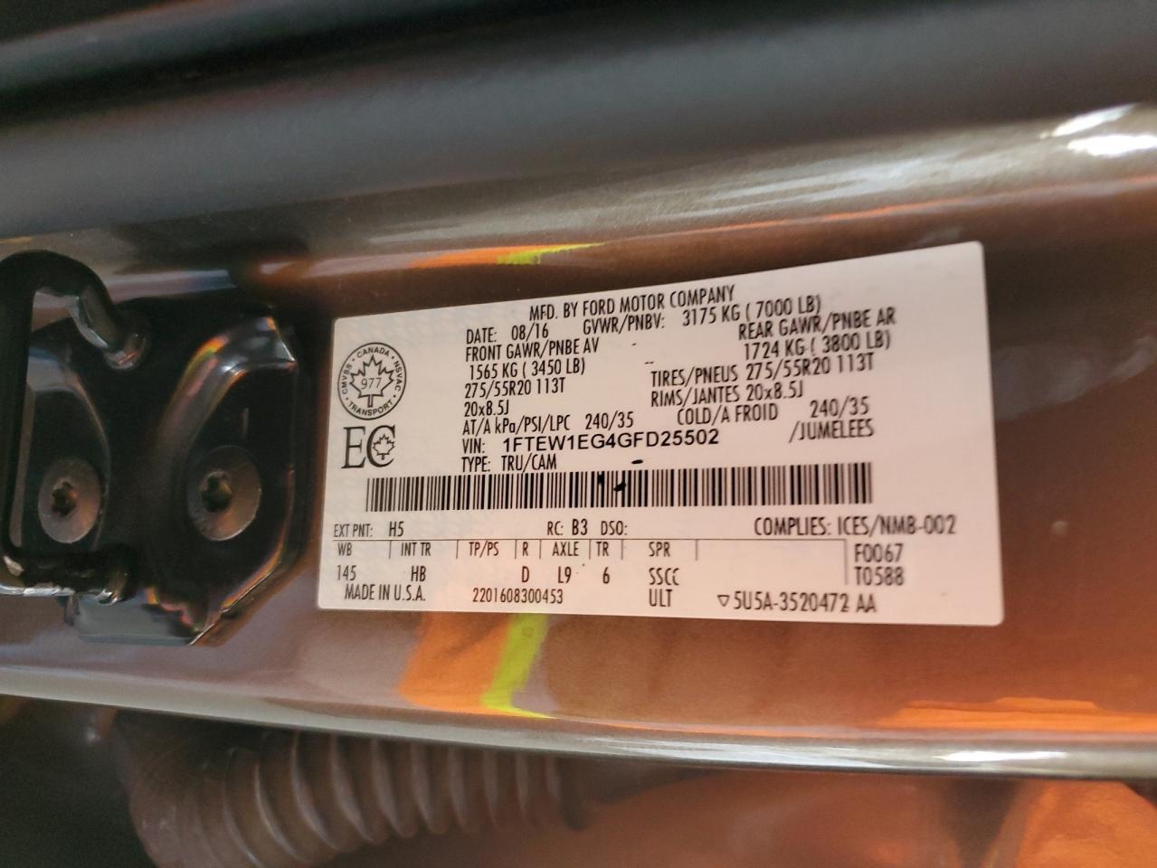 2016 Ford F150 Supercrew VIN: 1FTEW1EG4GFD25502 Lot: 59099665