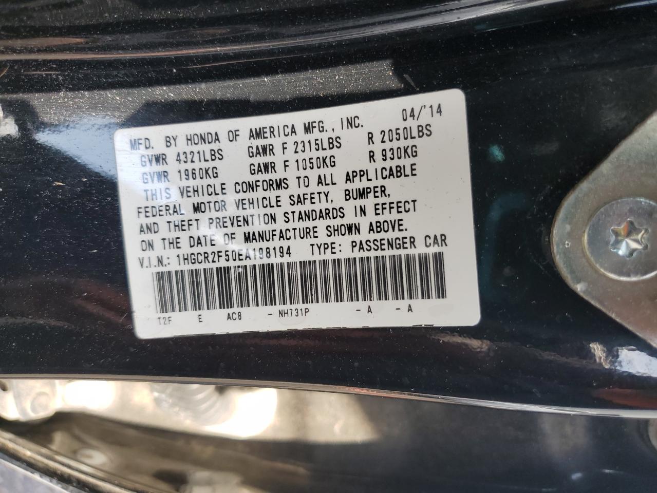 2014 Honda Accord Sport VIN: 1HGCR2F50EA198194 Lot: 58593855