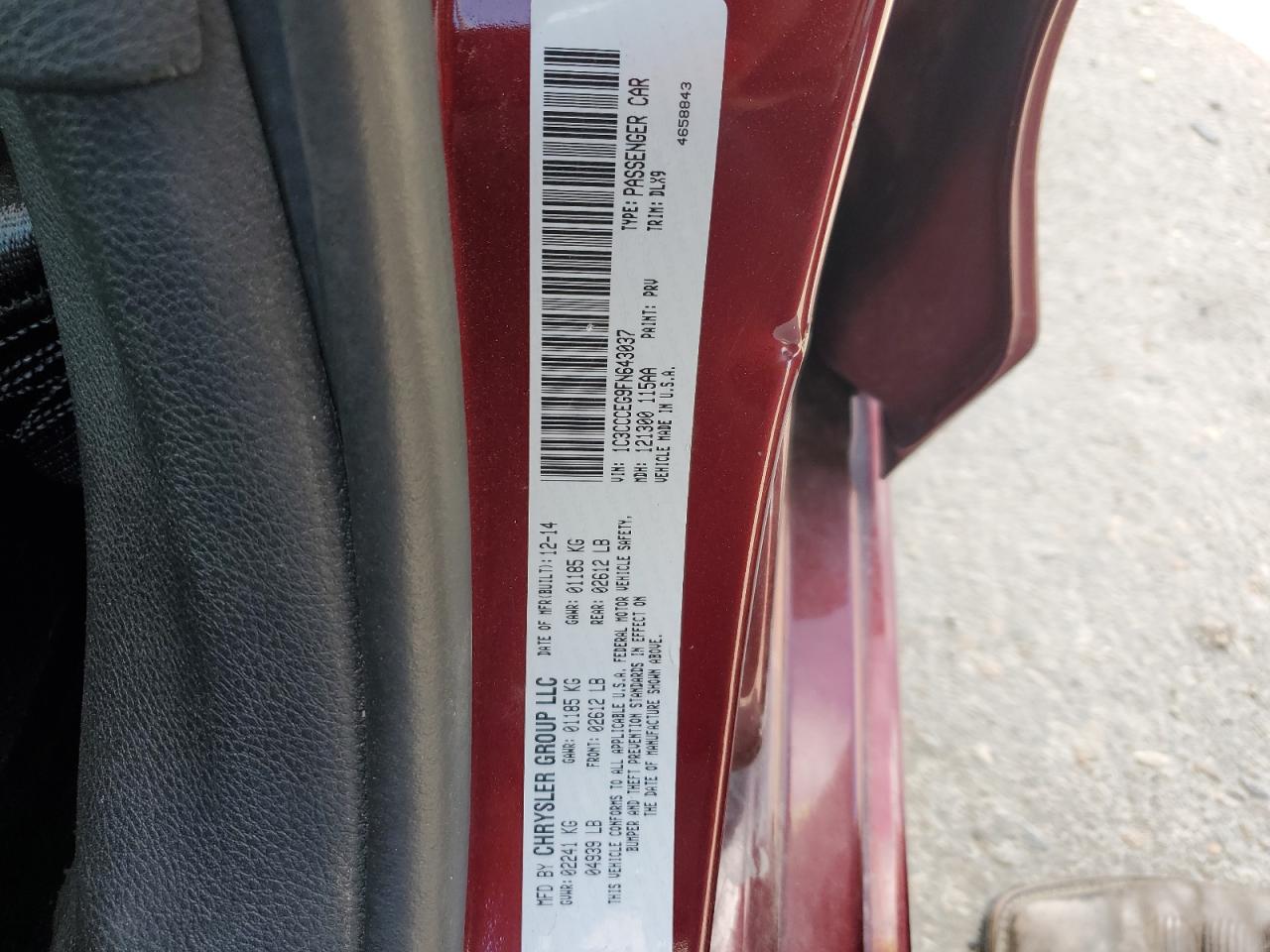 2015 Chrysler 200 C VIN: 1C3CCCEG9FN643037 Lot: 56908175
