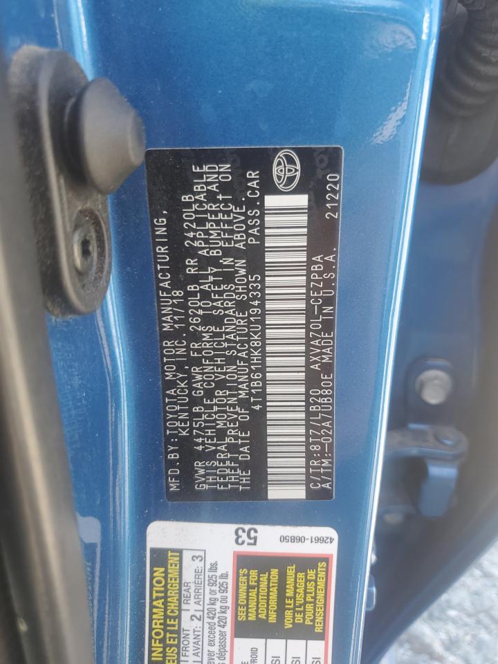 4T1B61HK8KU194335 TOYOTA CAMRY 2019