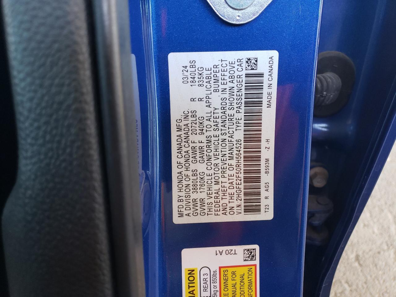 2HGFE2F50RH564526 HONDA CIVIC 2024