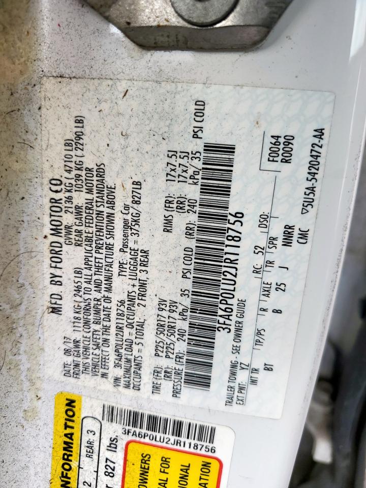 2018 Ford Fusion Se Hybrid VIN: 3FA6P0LU2JR118756 Lot: 54037835