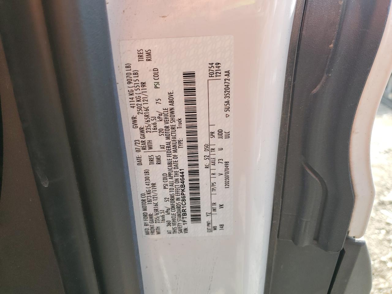 2023 Ford Transit T-250 VIN: 1FTBR1C86PKB46441 Lot: 55935145