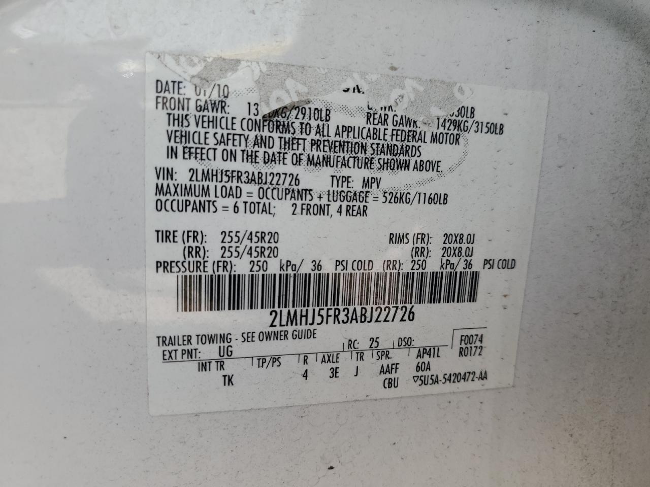 2010 Lincoln Mkt VIN: 2LMHJ5FR3ABJ22726 Lot: 55832265