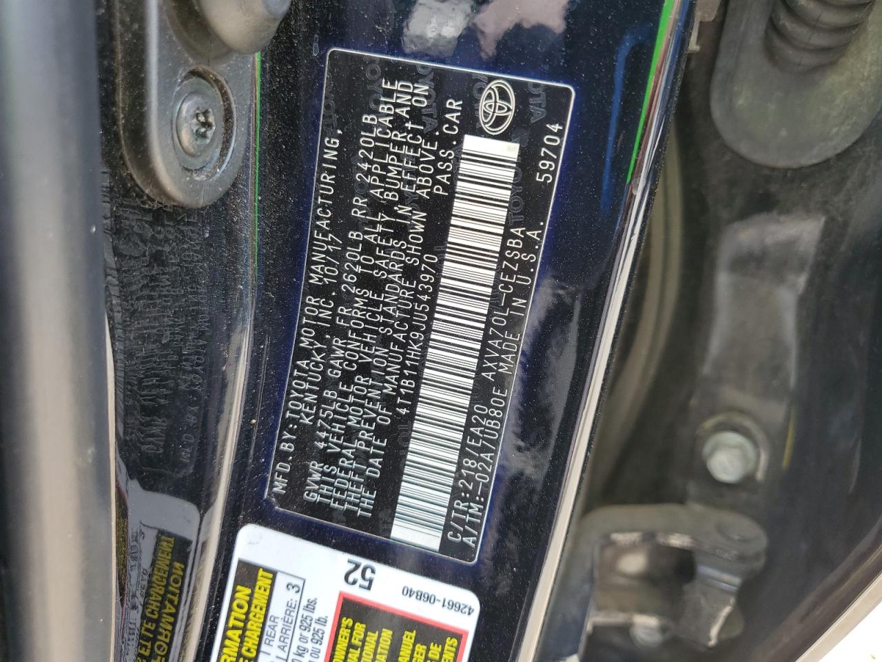 4T1B11HK9JU543970 TOYOTA CAMRY 2018