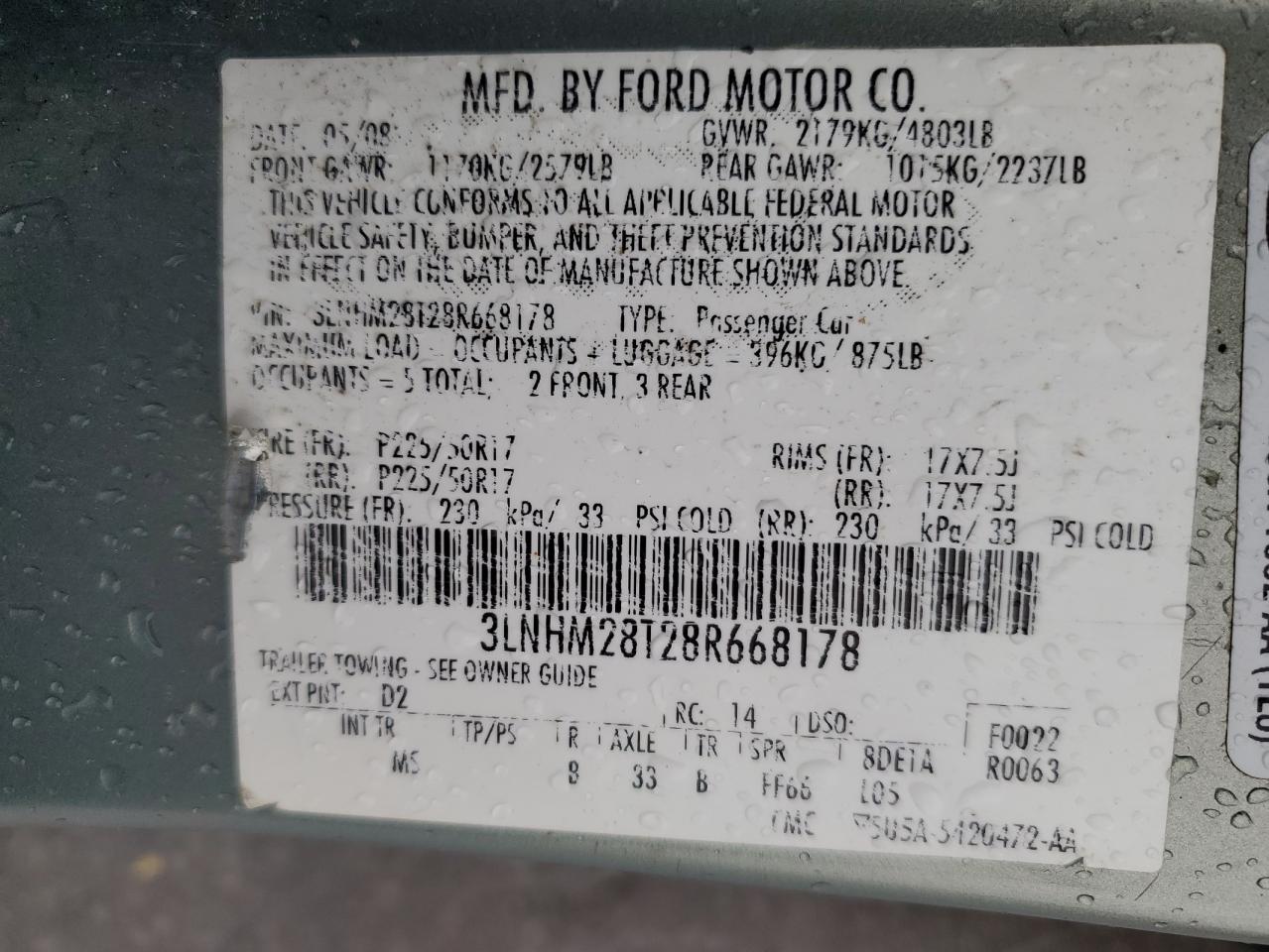 2008 Lincoln Mkz VIN: 3LNHM28T28R668178 Lot: 56861405