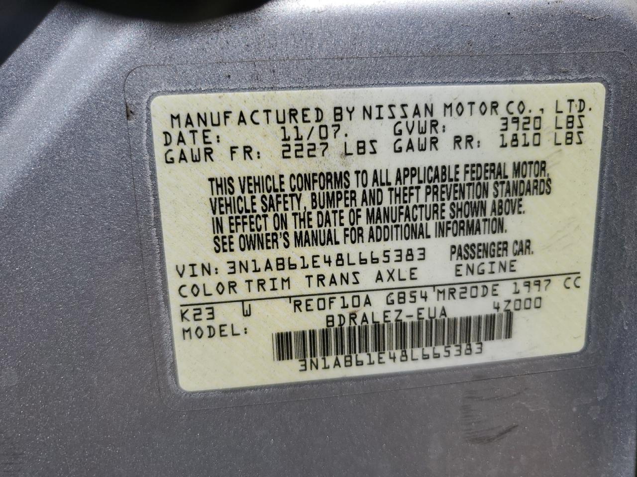 2008 Nissan Sentra 2.0 VIN: 3N1AB61E48L665383 Lot: 56076325