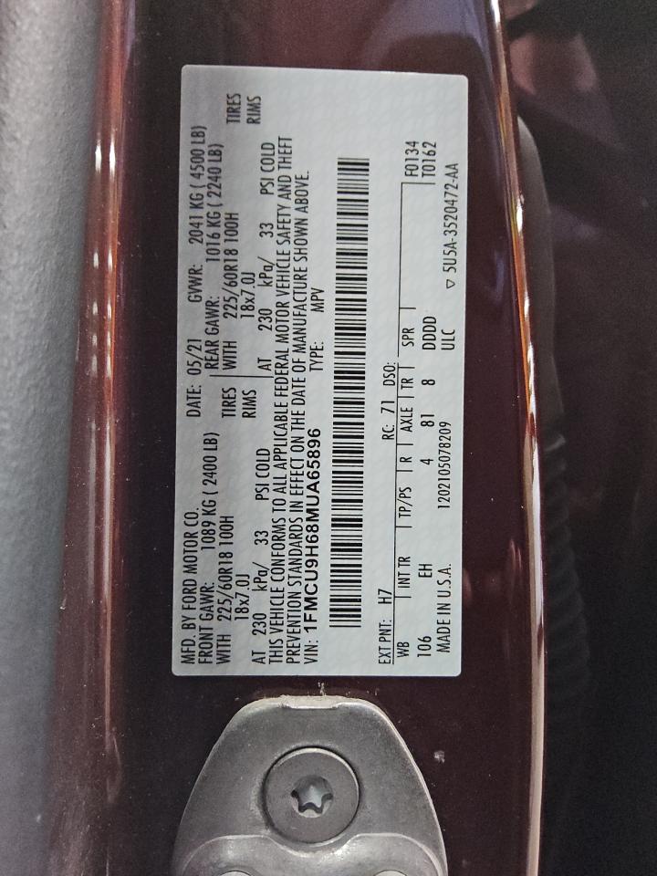 2021 Ford Escape Sel VIN: 1FMCU9H68MUA65896 Lot: 56551035