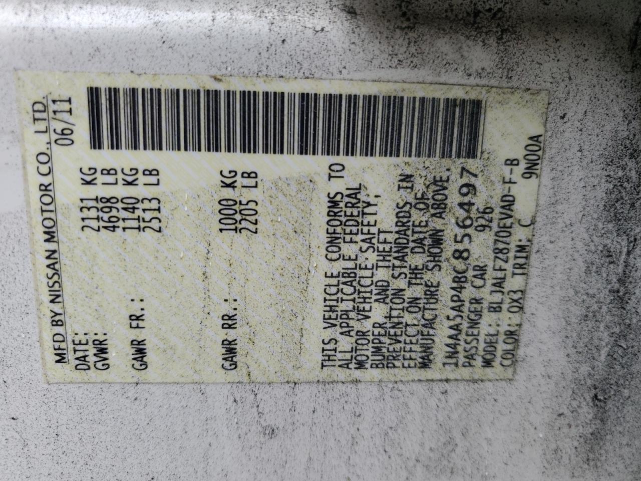 2011 Nissan Maxima S VIN: 1N4AA5AP4BC856497 Lot: 56506115