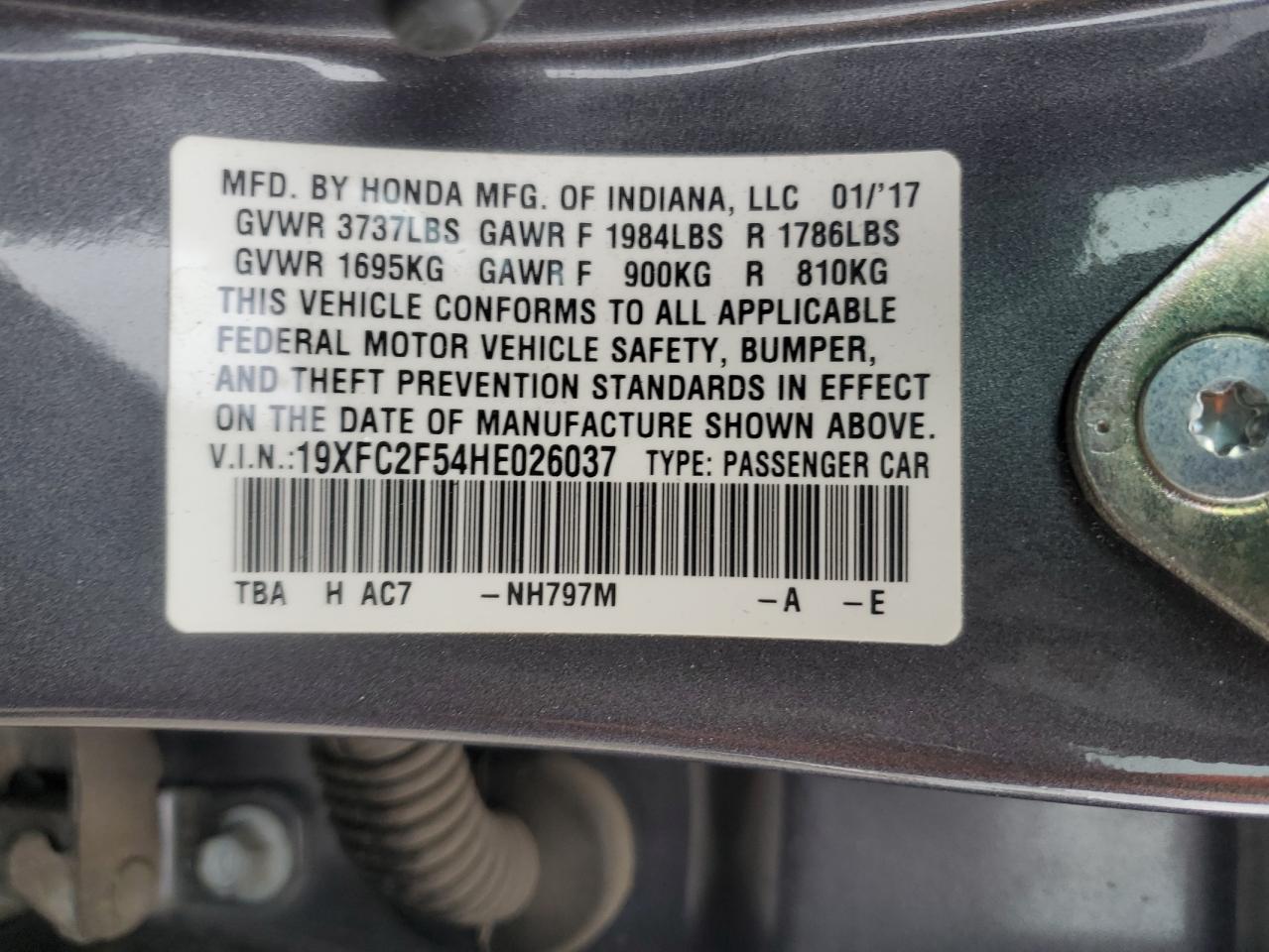 19XFC2F54HE026037 HONDA CIVIC 2017