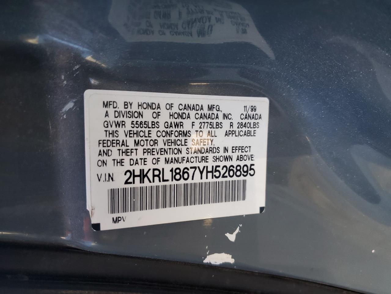 2000 Honda Odyssey Ex VIN: 2HKRL1867YH526895 Lot: 55889165