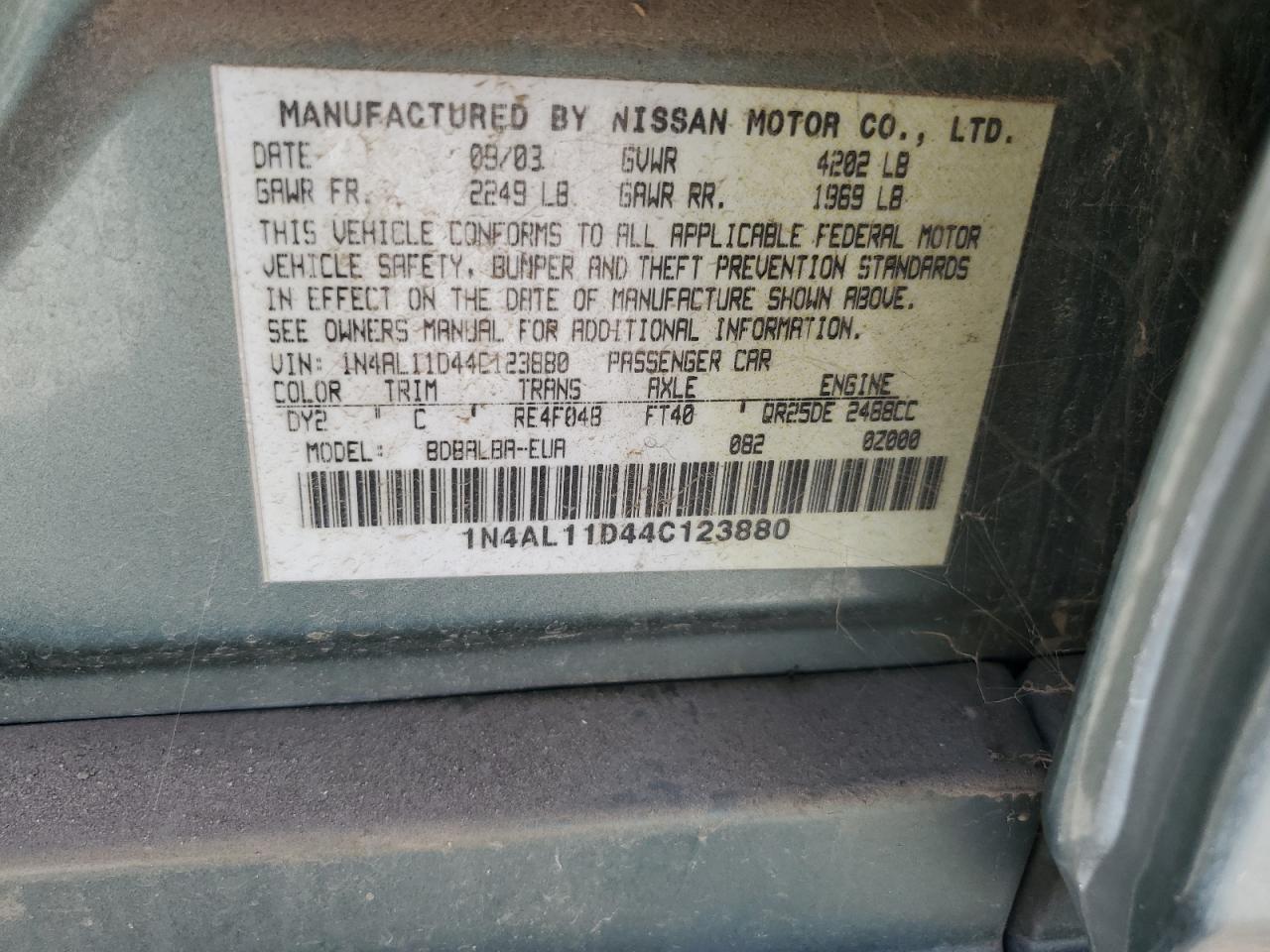 2004 Nissan Altima Base VIN: 1N4AL11D44C123880 Lot: 57878715