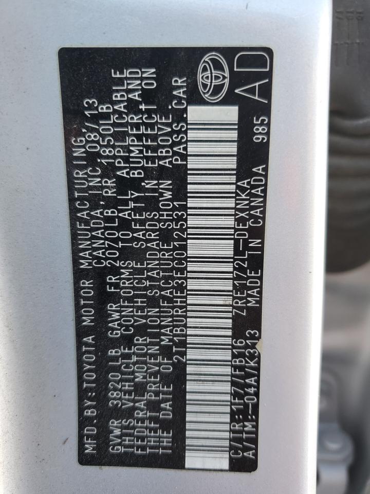2014 Toyota Corolla L VIN: 2T1BURHE3EC012531 Lot: 57098095