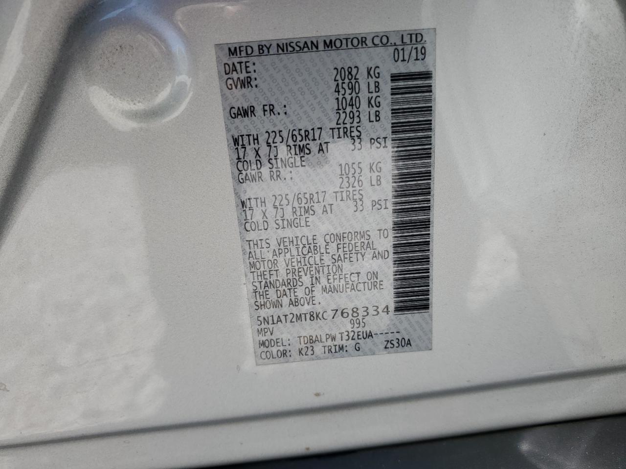 5N1AT2MT8KC768334 NISSAN ROGUE 2019