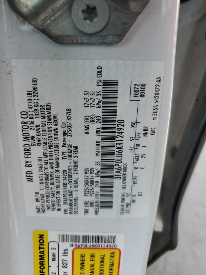 2019 Ford Fusion Se VIN: 3FA6P0LU6KR124920 Lot: 54037685