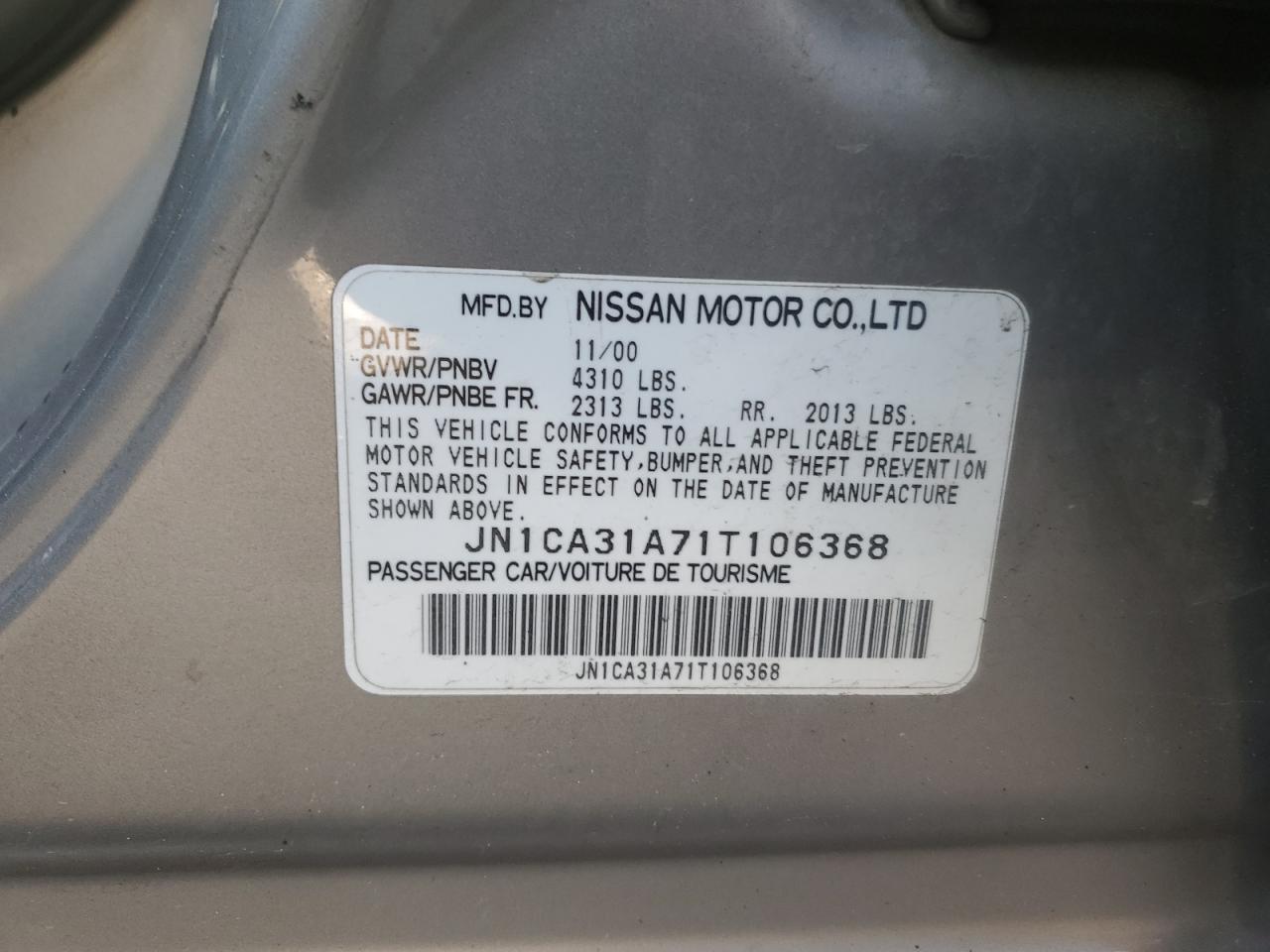 2001 Nissan Maxima Gxe VIN: JN1CA31A71T106368 Lot: 56607025
